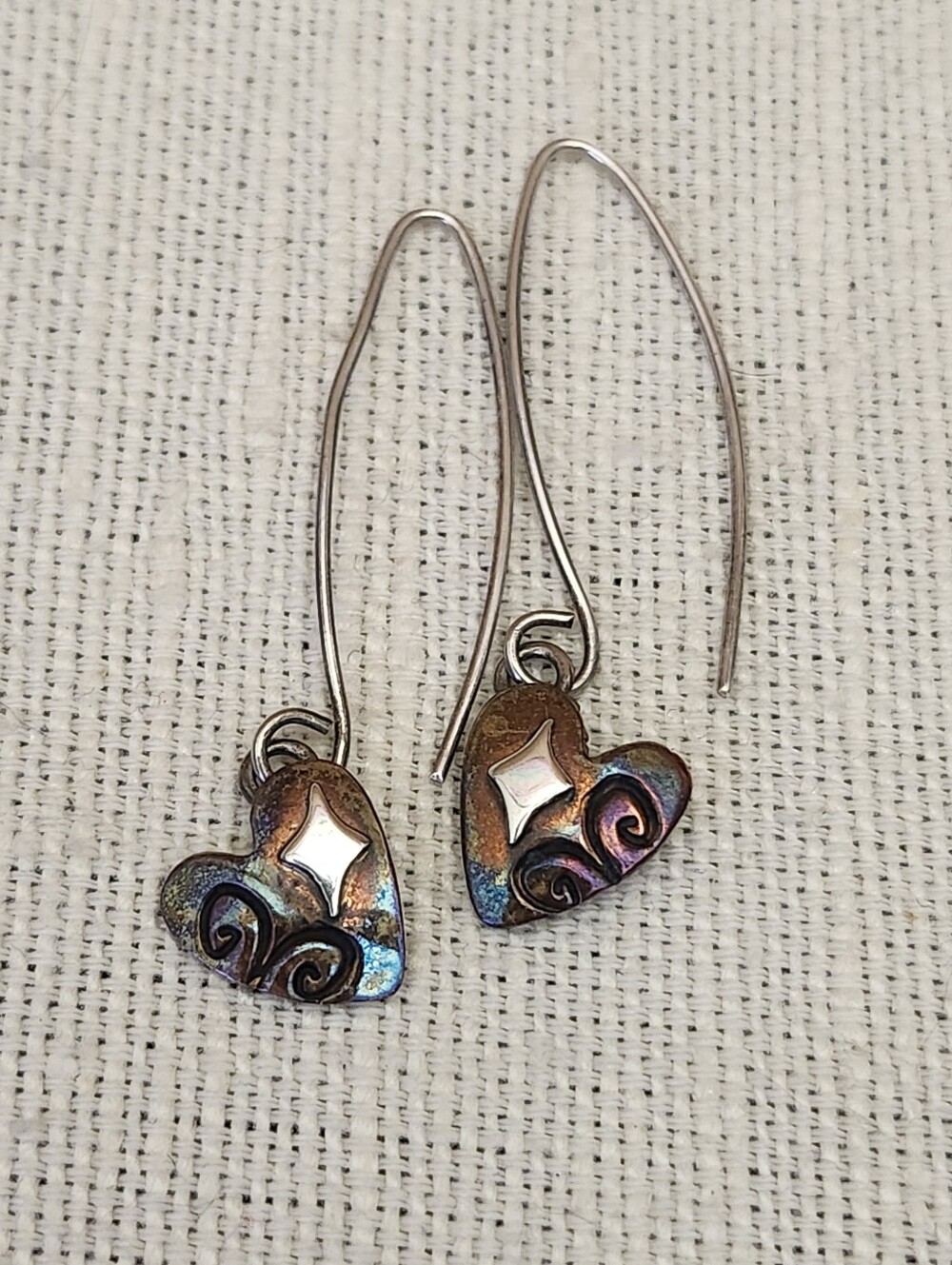 Far Fetched Iridescent Finish Copper Heart Drop Earrings - Sterling Silver Hooks
